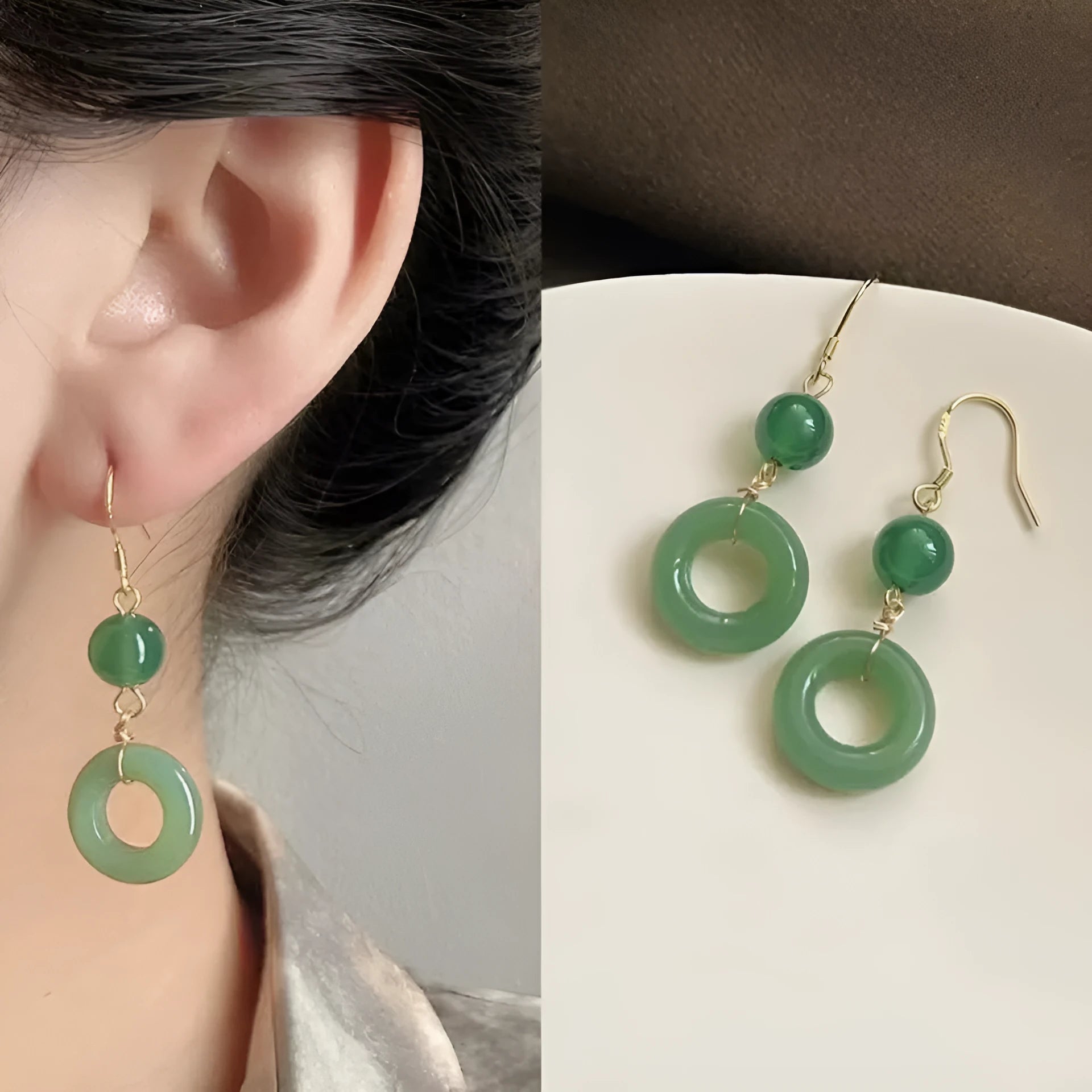 Geometric peace buckle earrings in jade green with 14K gold plating and Chinese cheongsam design