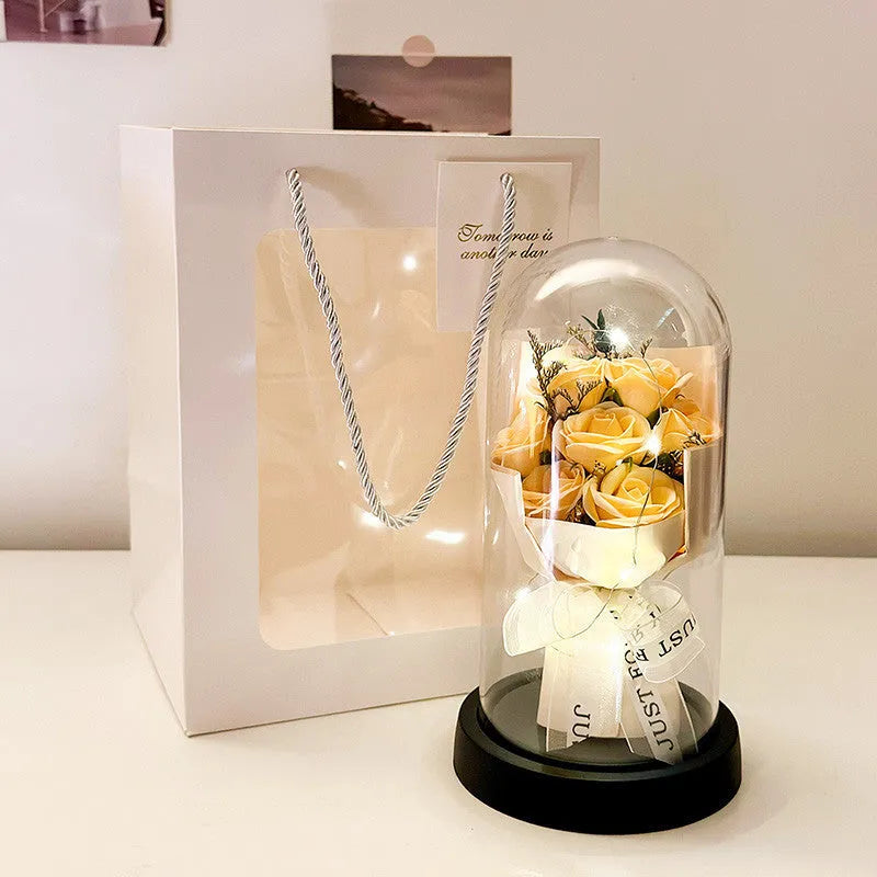 Bionic bouquet of artificial silk roses in a tote bag, available in multiple colour options including gradient blue.