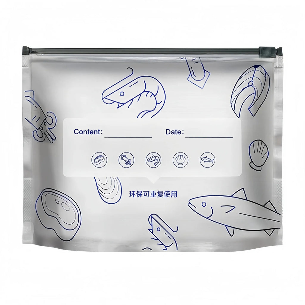 Set of three aluminium foil sealable fresh bags in small, medium, and large sizes with ziplock closures.