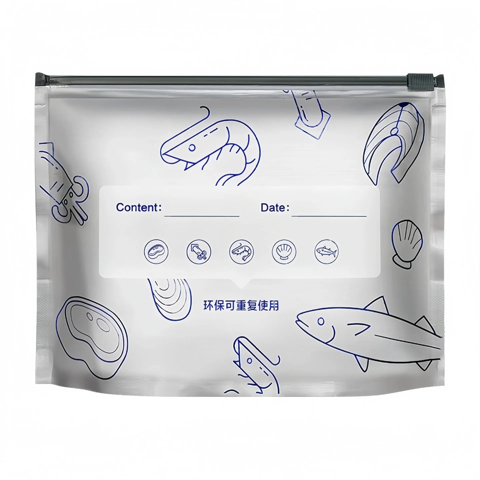Set of three aluminium foil sealable fresh bags in small, medium, and large sizes with ziplock closures.
