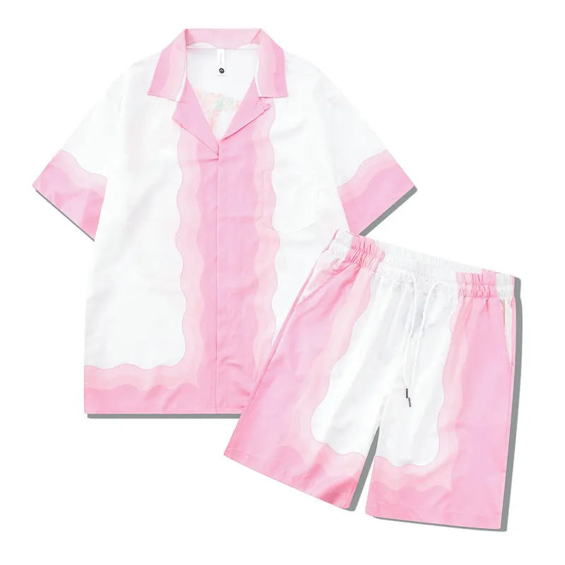 Men's plaid printed beach outfit set showing a short sleeve shirt and matching trousers on a manikin.