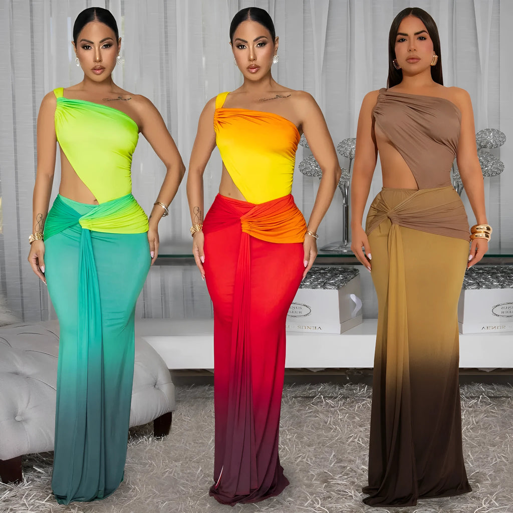 Women's gradient colour cross-shoulder dress with high waist and long skirt in polyester fabric