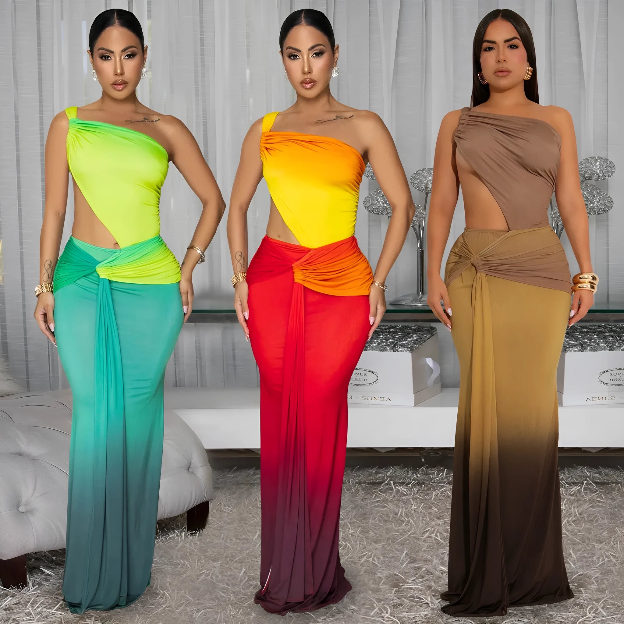 Women's gradient colour cross-shoulder dress with high waist and long skirt in polyester fabric