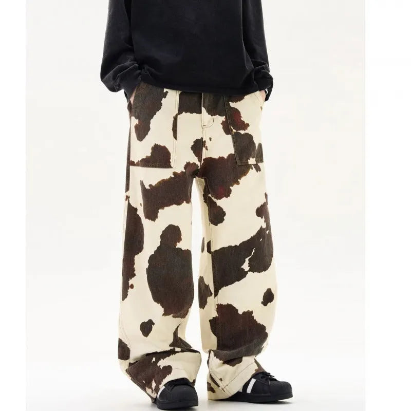 Men's straight-leg casual trousers with American retro cow pattern print in 7698 colour