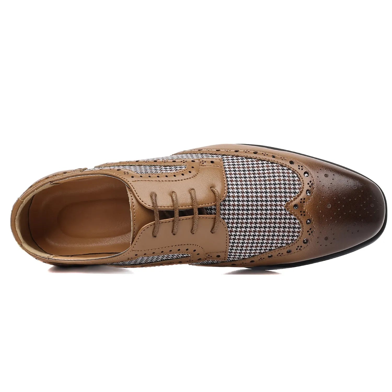 Men's imitation houndstooth plaid casual shoes with square toe and lace-up front.