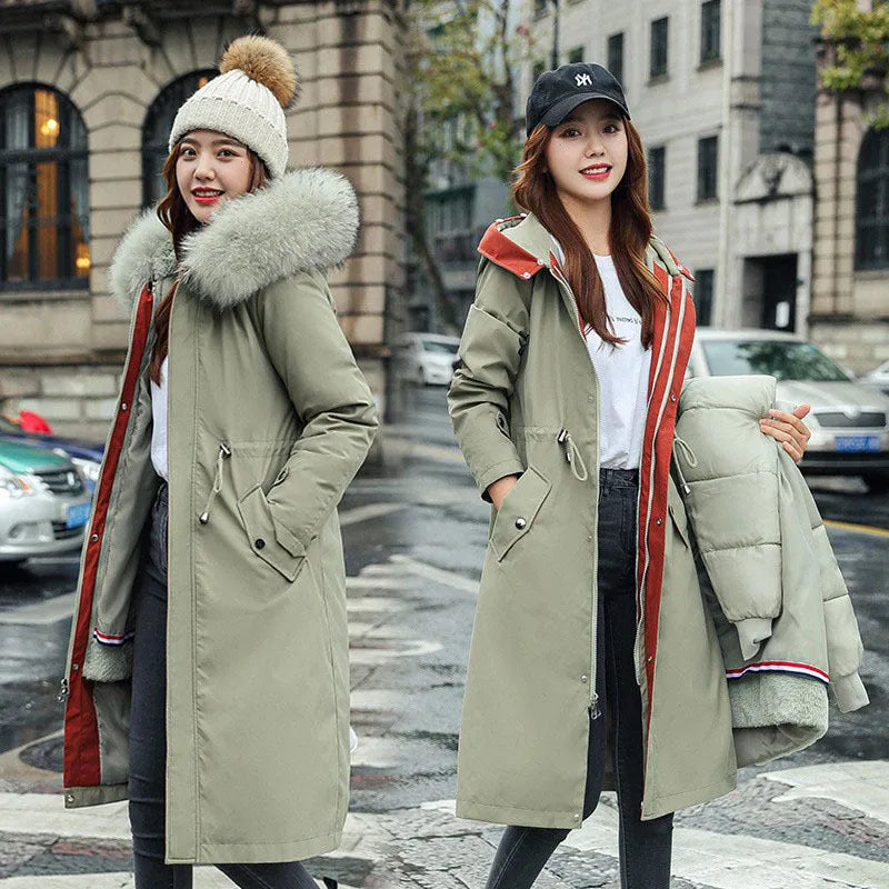 Women's long white fleece trench coat with down cotton filler, shown at 100cm length.