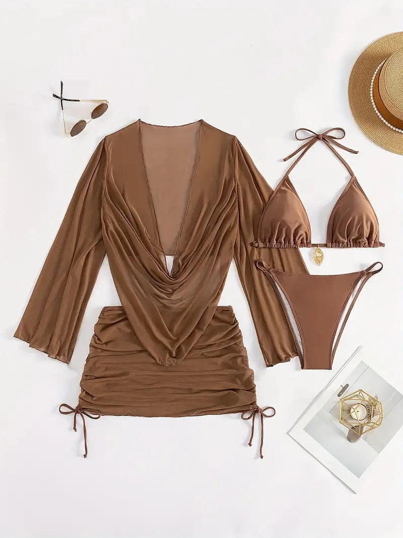 Dark brown women's lace-up bikini swimsuit set on a mannequin, showing backless design.