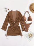 Dark brown women's lace-up bikini swimsuit set on a mannequin, showing backless design.