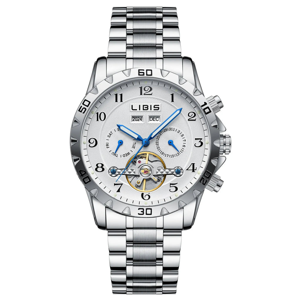 Men's automatic perpetual calendar mechanical watch with stainless steel silver belt and sapphire crystal