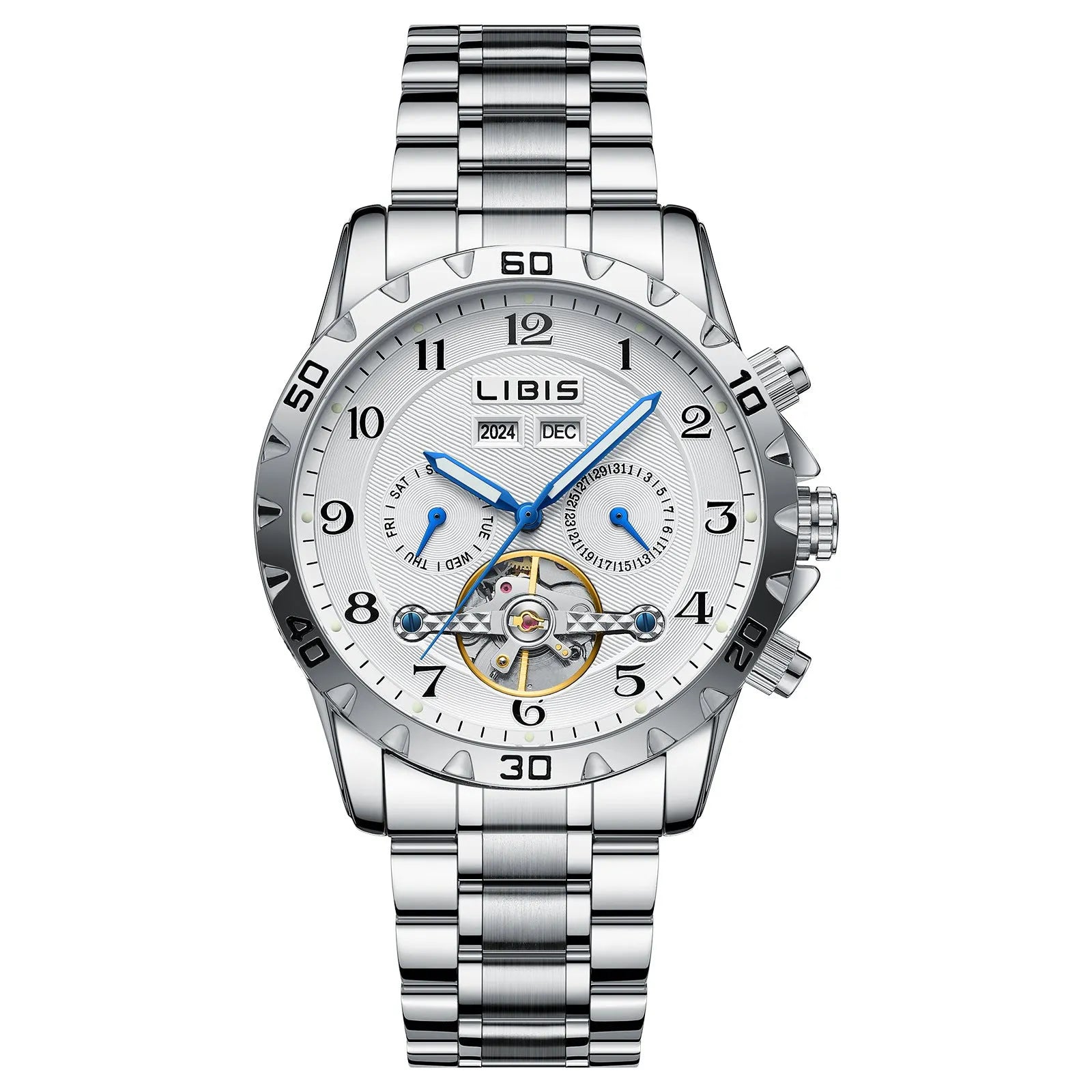 Men's automatic perpetual calendar mechanical watch with stainless steel silver belt and sapphire crystal