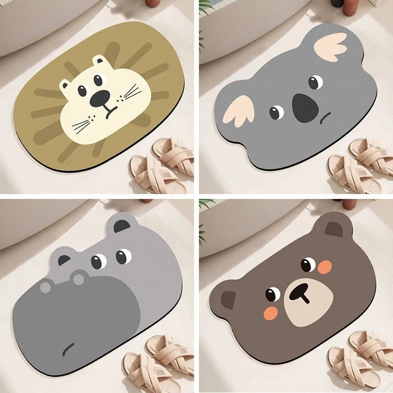 Thickened diatom ooze absorbent bathroom mat with cartoon animal design on a bathroom floor.