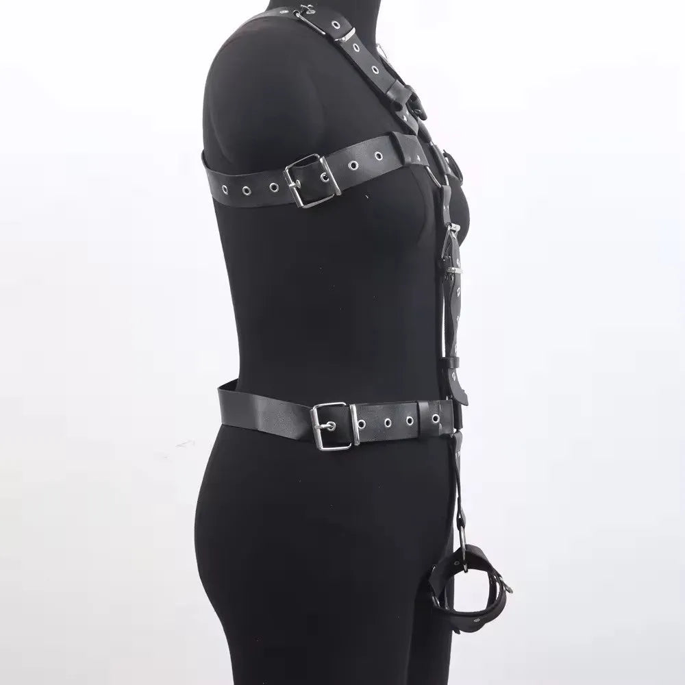 Black patent leather shapewear body suit with a thin adjustable belt and pin buckle fastening.
