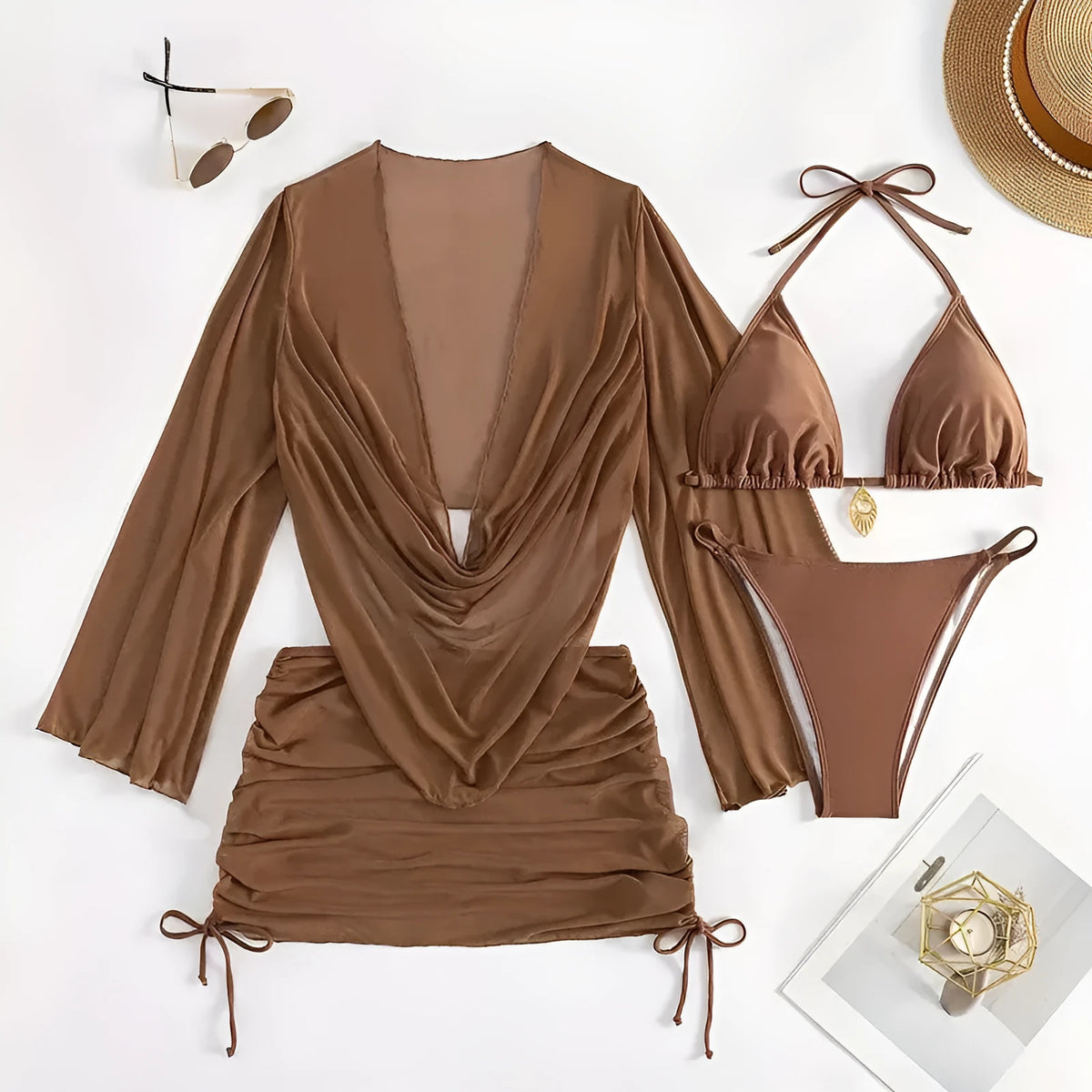 Dark brown women's lace-up bikini swimsuit set on a mannequin, showing backless design.