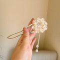Purple and white retro peony flower with tassel detail on a U-shaped alloy hairpin barrette