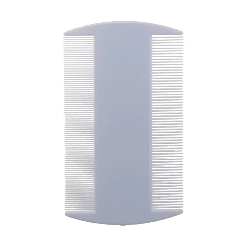 Double-edged fine-toothed plastic lice comb in assorted colours on white background
