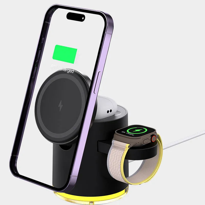 C16 Magnetic folding wireless charger in black, unfolded to show phone, watch and earbuds charging areas.