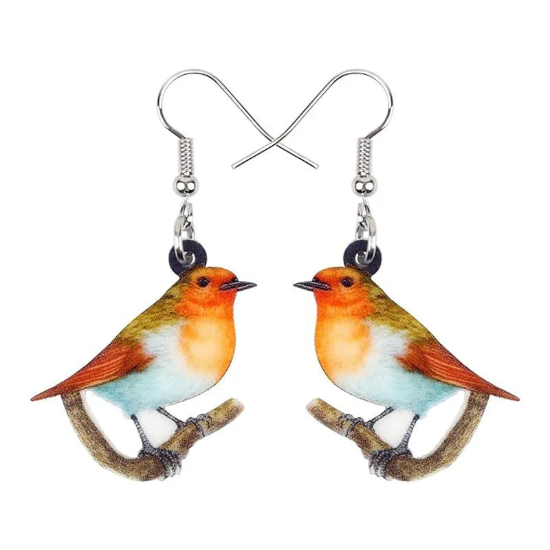 Blue titmouse bird acrylic pendant earrings with geometric animal zodiac design