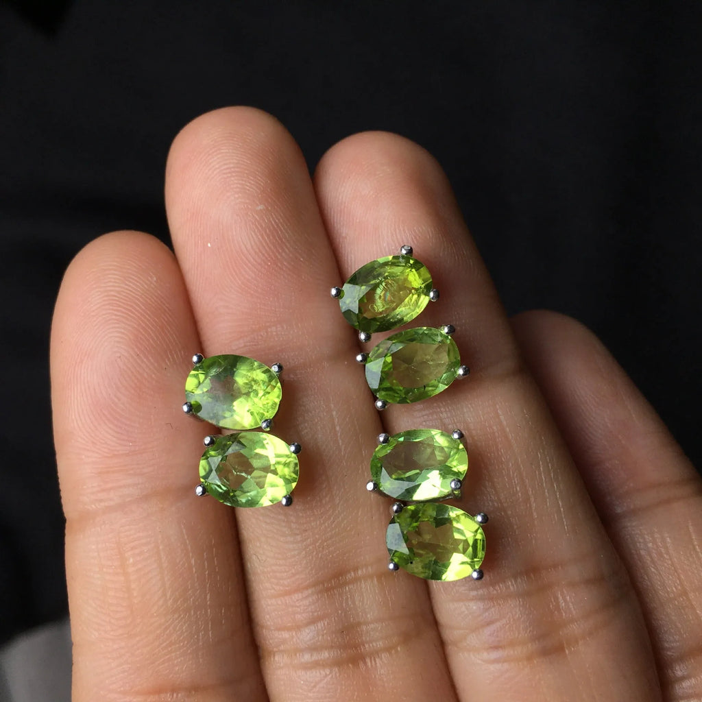 Grass green natural olivine stud earrings with geometric faceting in S925 sterling silver settings