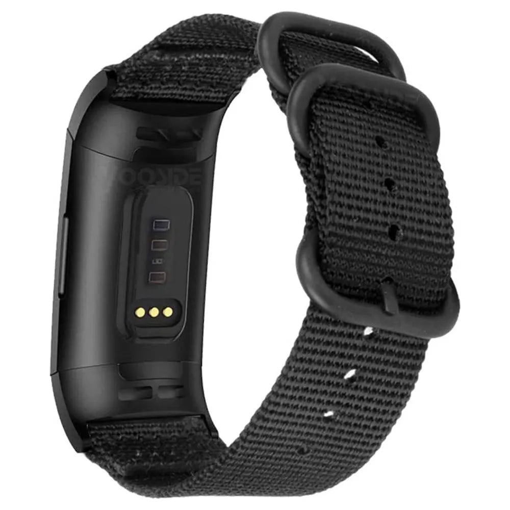 Fitbit Charge nylon replacement strap with three-ring buckle in multiple colour options.