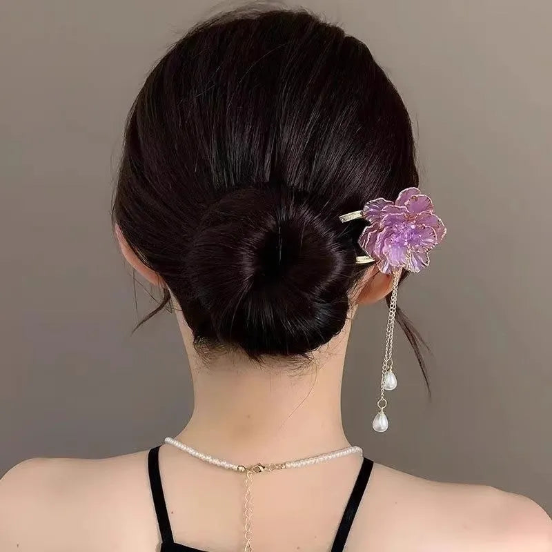 Purple and white retro peony flower with tassel detail on a U-shaped alloy hairpin barrette