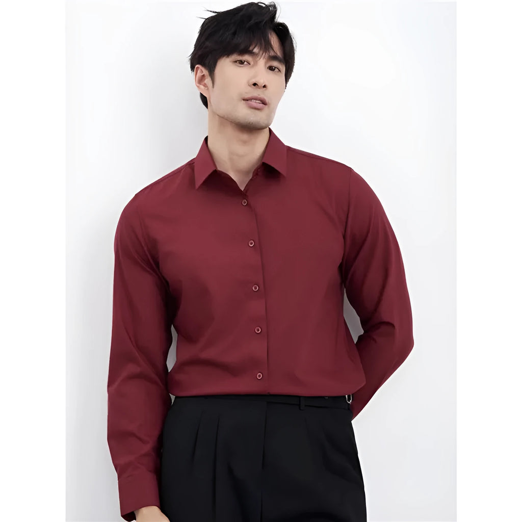 Men's wine red slim fit business casual shirt with long sleeves and cardigan style