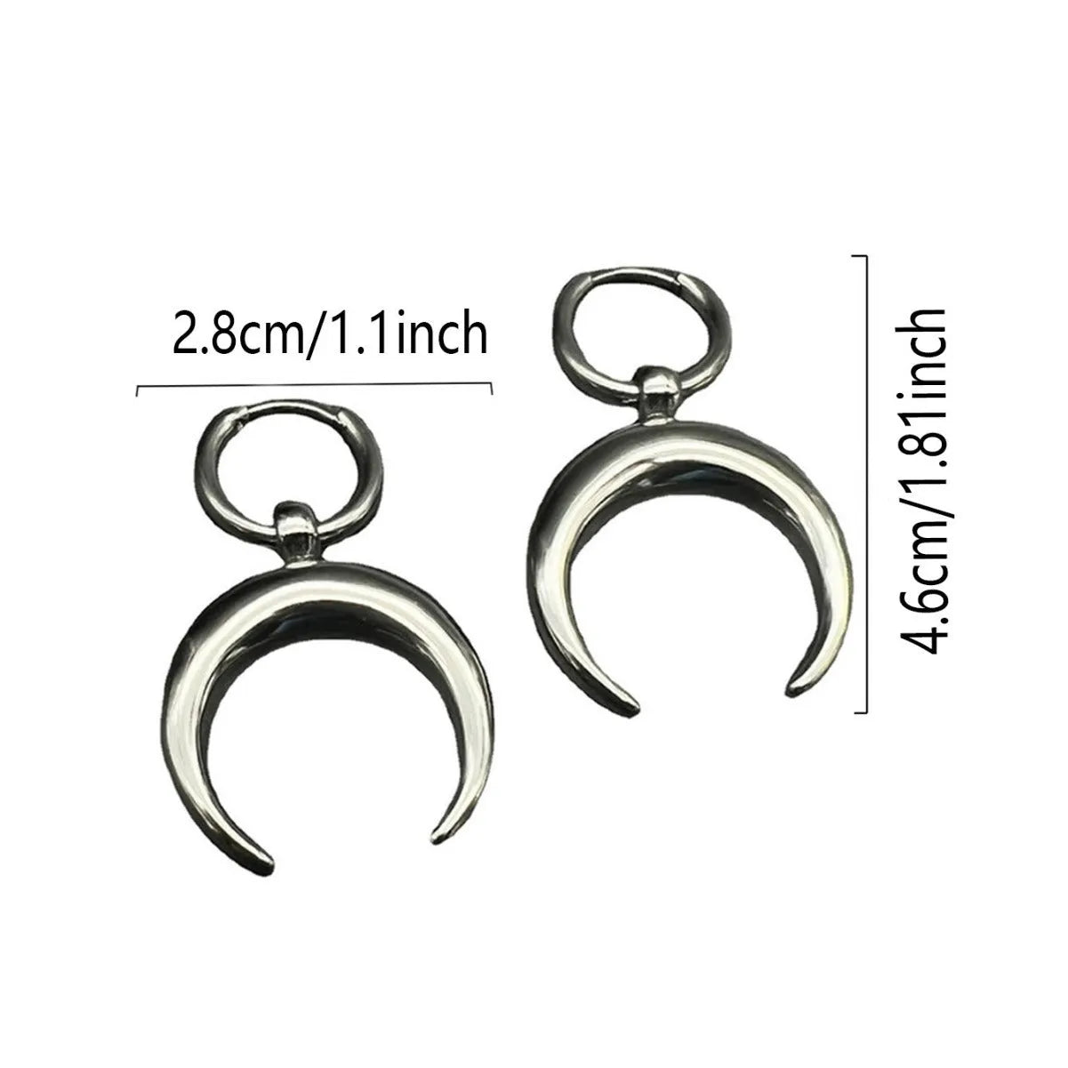Silver vintage gothic moon big hoop clip earrings with geometric punk design on alloy with 18K purity