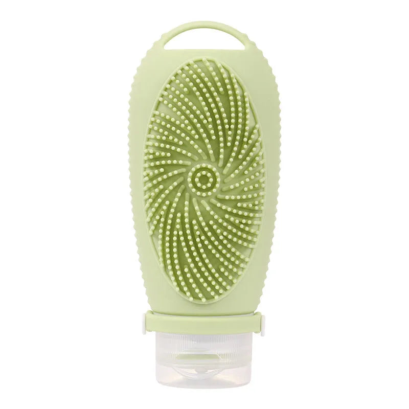 Silicone bath brush storage bottle in various colours on a bathroom shelf
