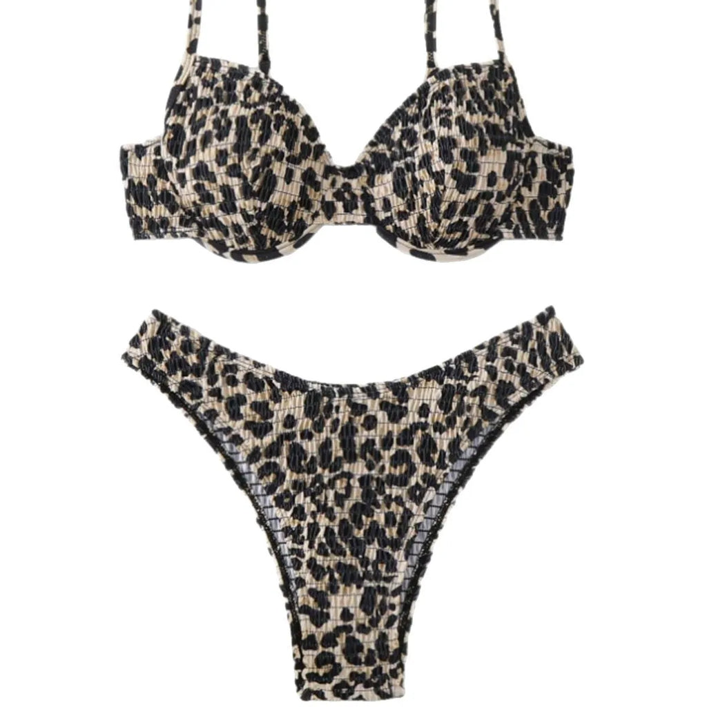 Brown leopard print women's backless bikini swimsuit on a white background