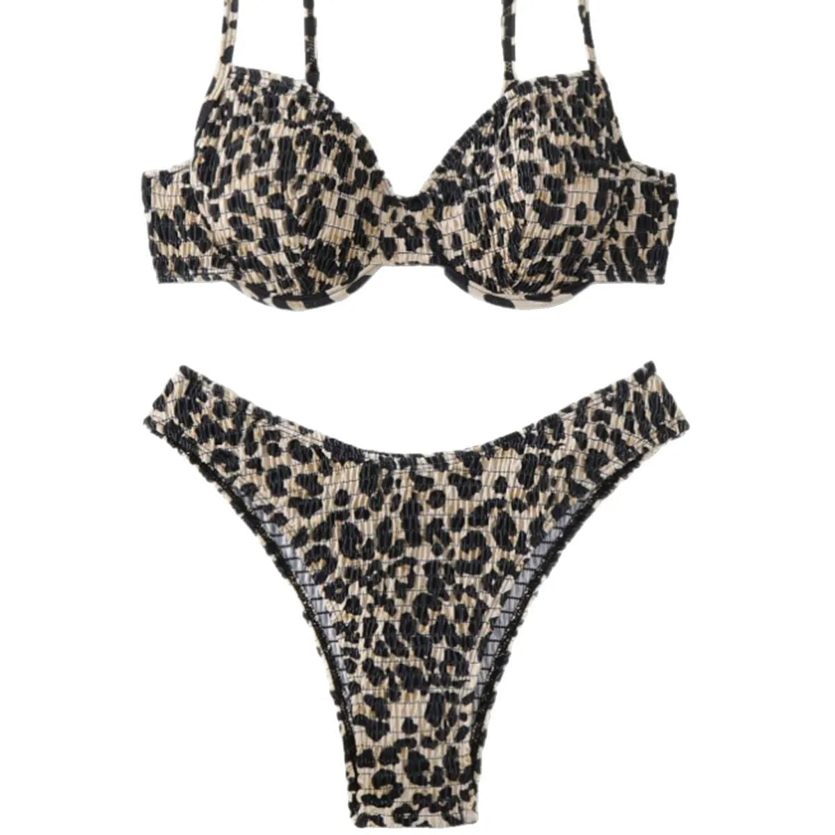 Brown leopard print women's backless bikini swimsuit on a white background