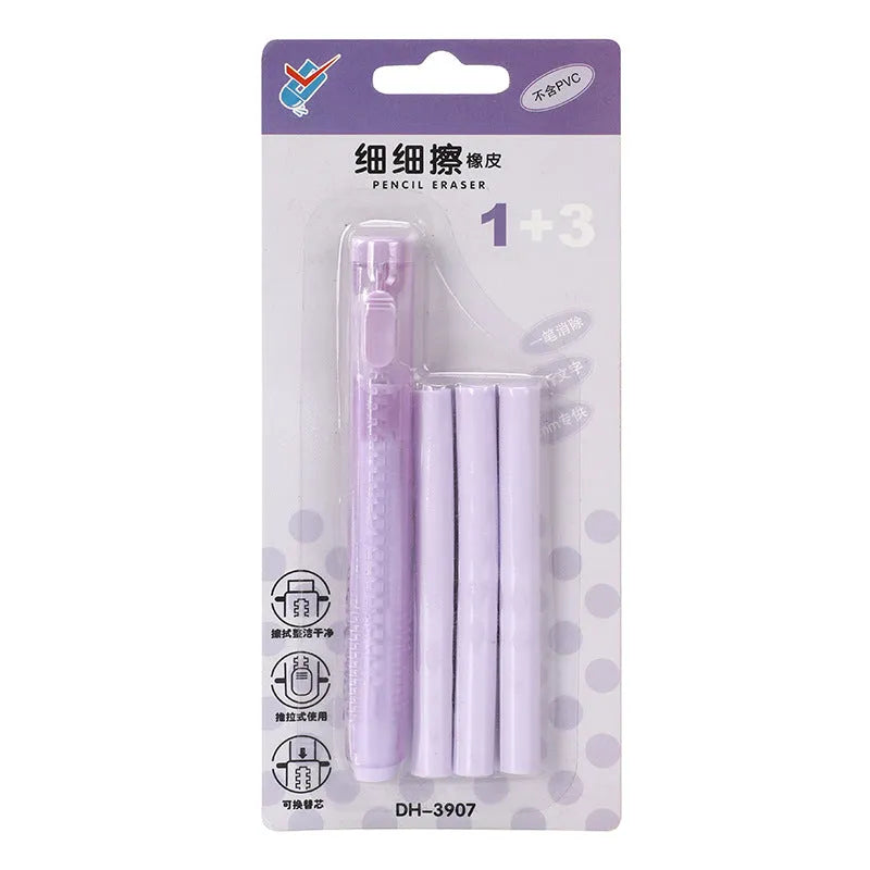 Push type automatic eraser for children in blue, green, pink, and purple colours