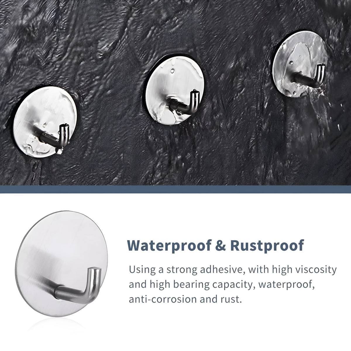 Pair of round stainless steel self-adhesive hooks, one black sanded and one polished, for bathroom or kitchen wall mounting.