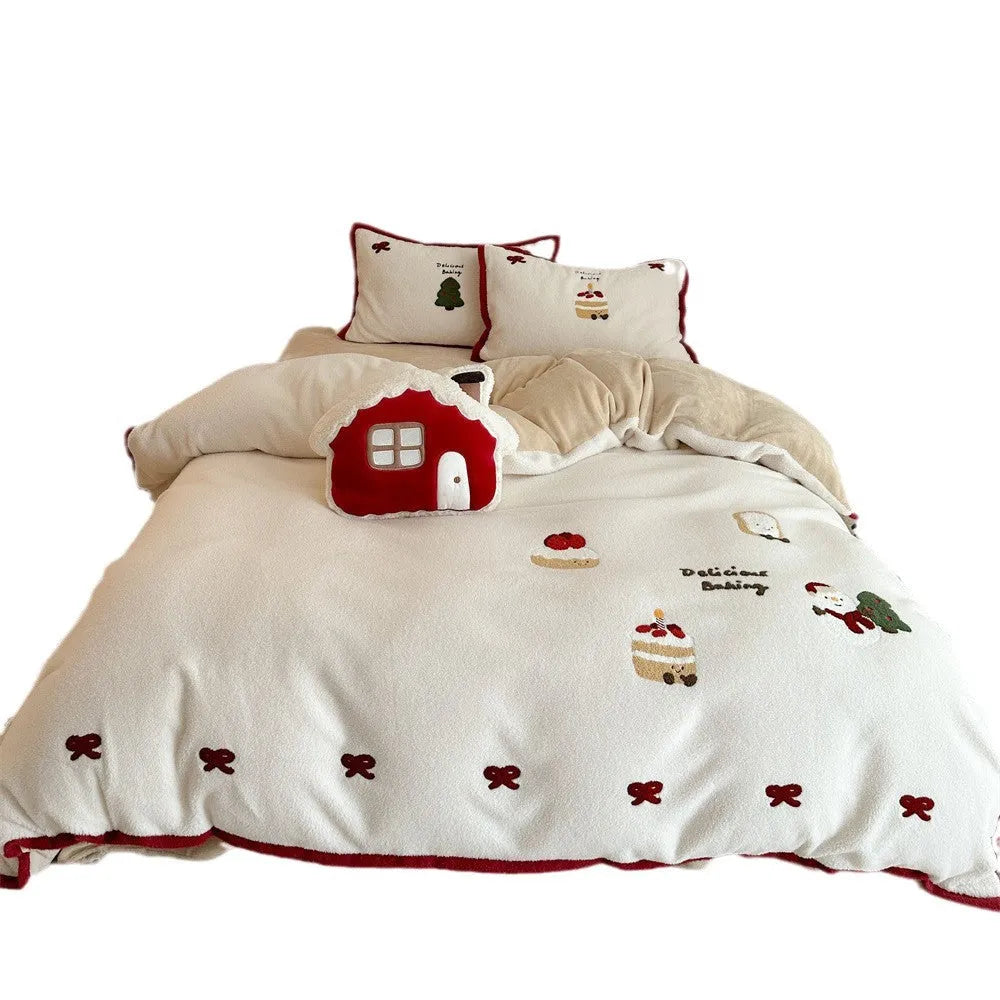 Winter Christmas cartoon bedding four-piece set with Xuefu Milk Pastry pattern in polyester