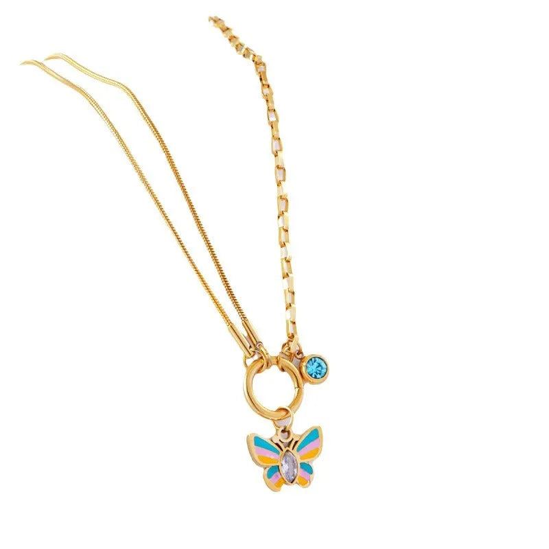 Gold-coloured epoxy butterfly necklace and bracelet set with titanium steel snake bones chain