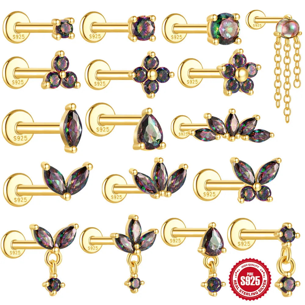 S925 sterling silver pierced earrings with rainbow stone and geometric design in gold colours