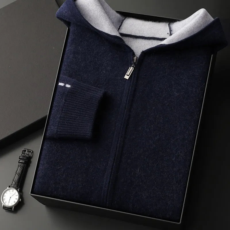 Man wearing a dark blue cashmere cardigan with a half-high collar and front zipper.