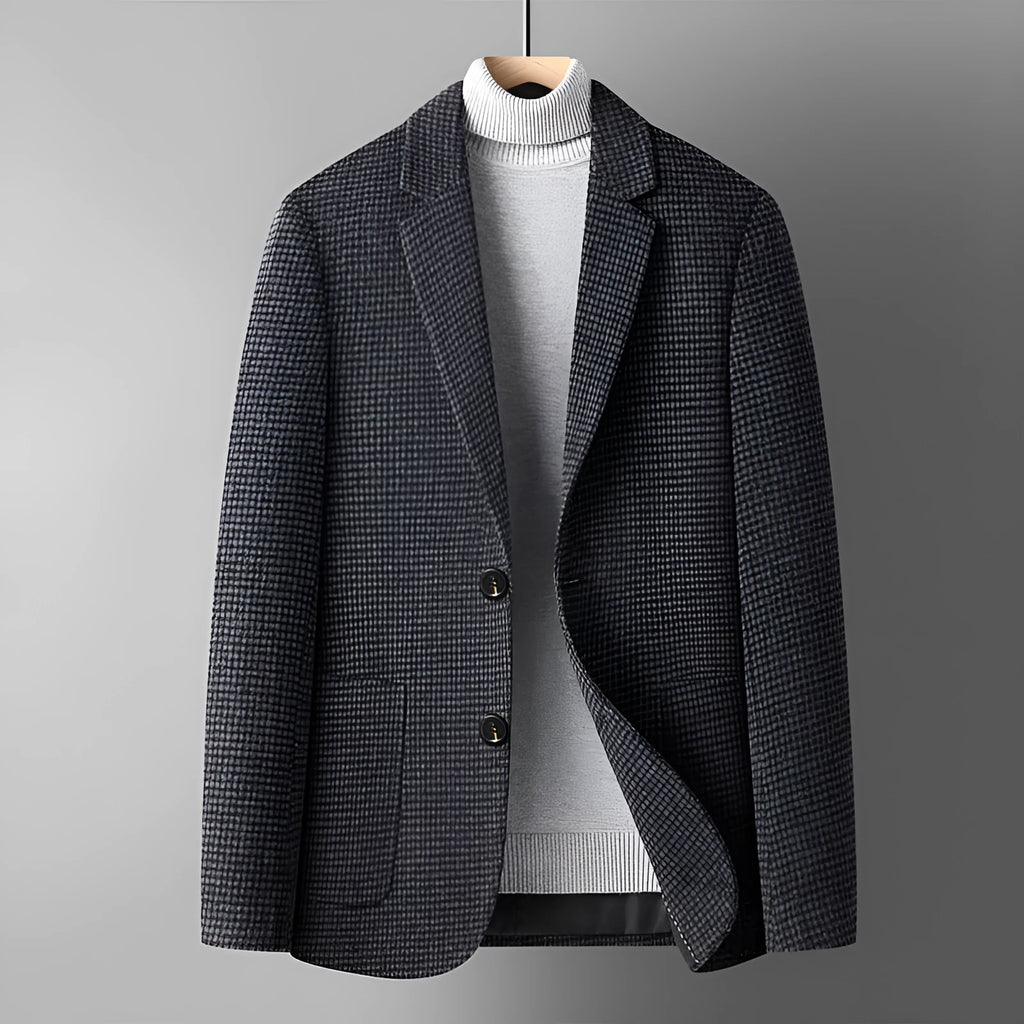 Men's slim fit wool suit jacket in grey, shown on a model, suitable for autumn and winter leisure wear.
