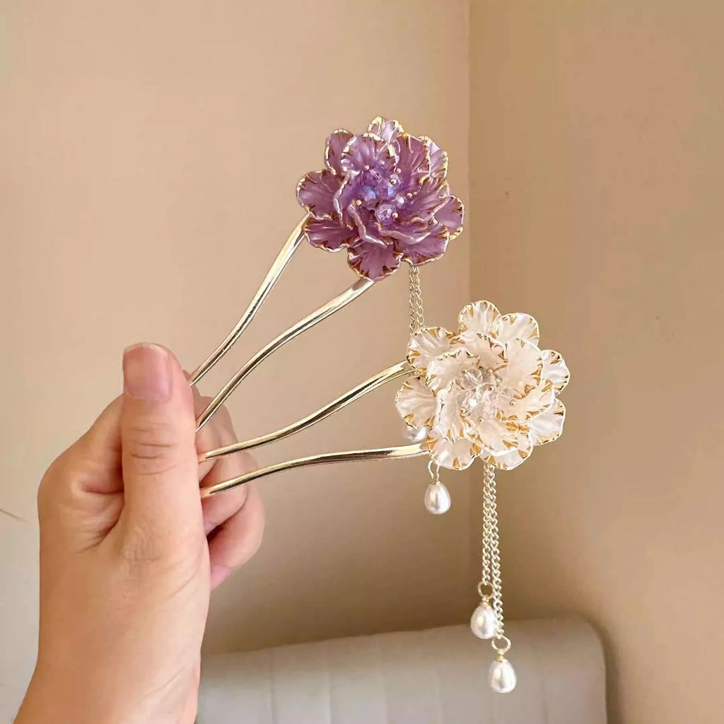 Purple and white retro peony flower with tassel detail on a U-shaped alloy hairpin barrette