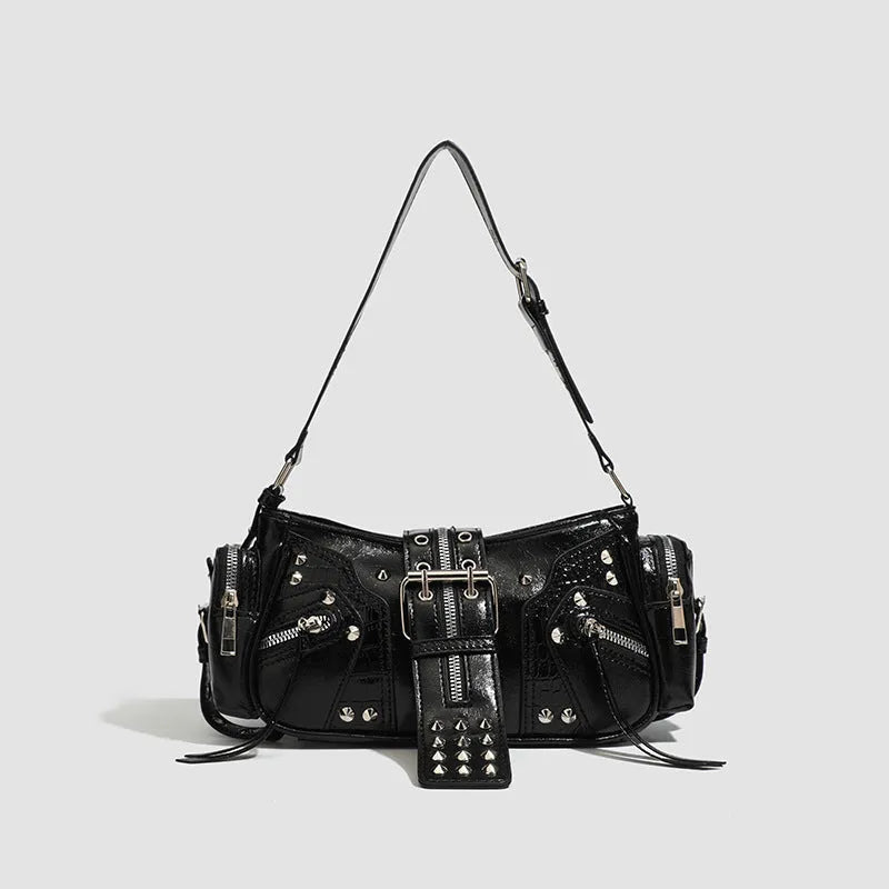 Black retro PU leather dumpling handbag with oil wax finish and three-dimensional pocket