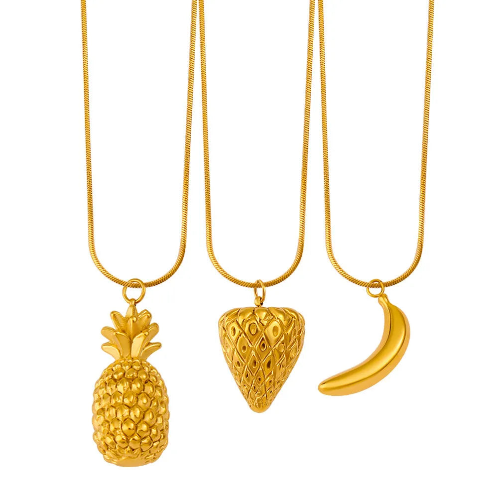 Stainless steel fruit necklace pendant with apple, grape, watermelon, pineapple, strawberry, and banana charms