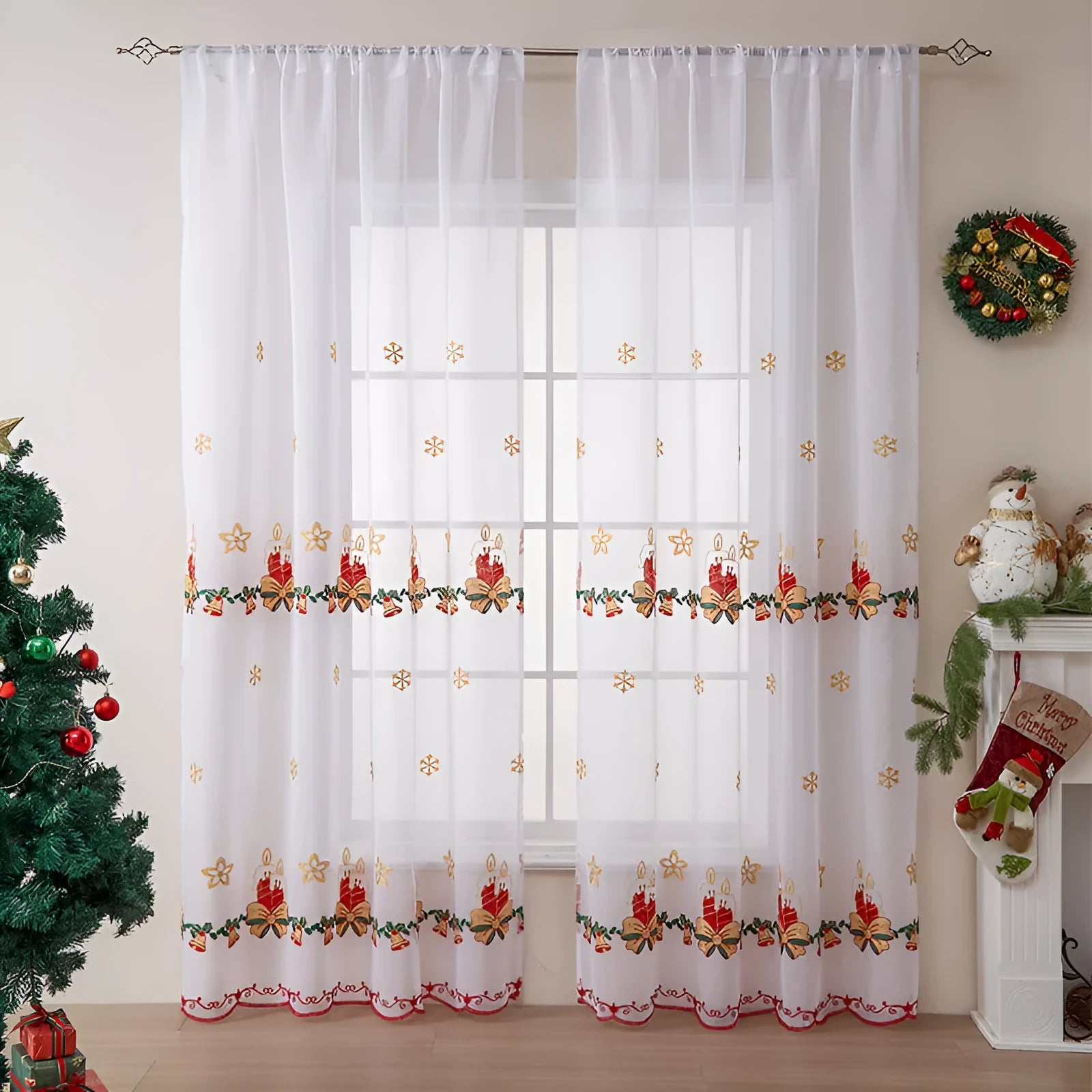 American Christmas curtain with embroidered snowflake design in festive seasonal colour
