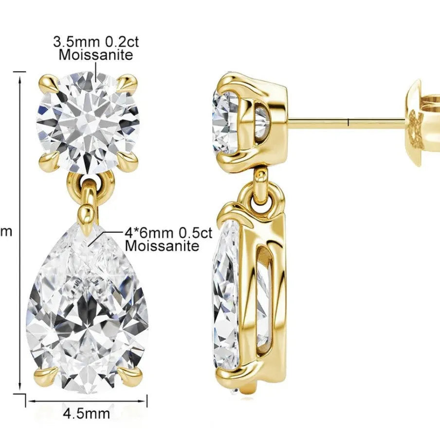 925 sterling silver geometric moissanite stud earrings with round and water drop stones in gold or silver plating