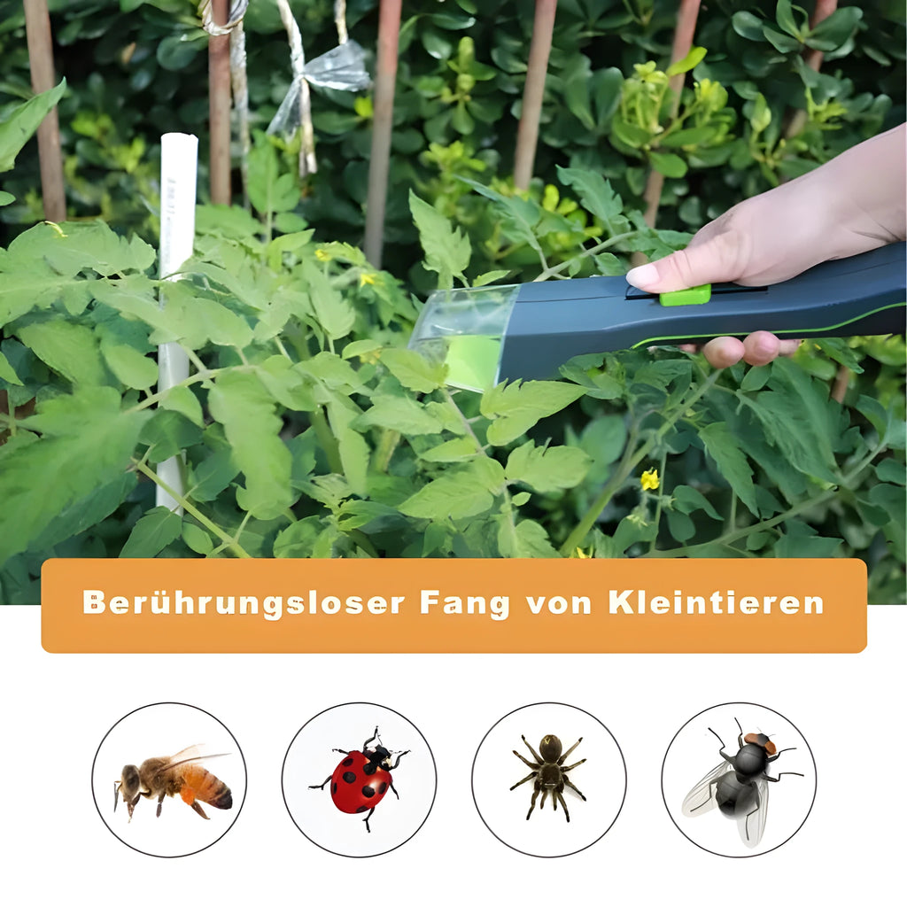 Green handheld plastic insect catcher for garden and lawn pest control.