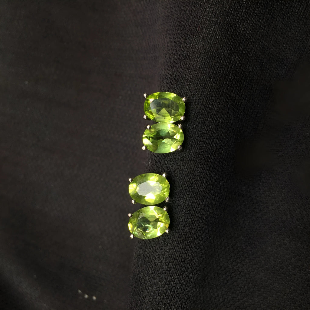 Grass green natural olivine stud earrings with geometric faceting in S925 sterling silver settings