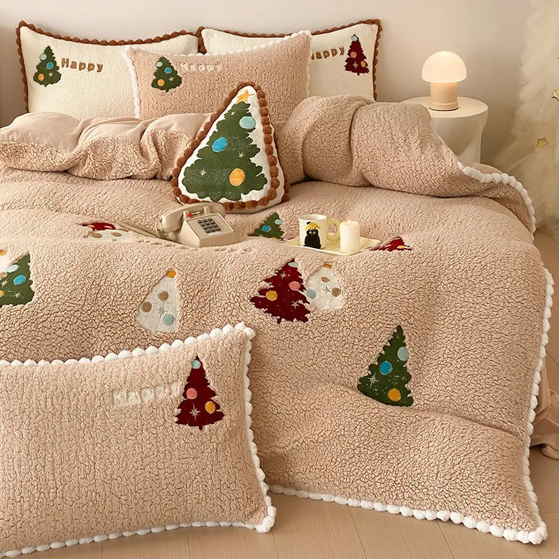 Bright yellow fleece-lined bedding set with cartoon Winter Christmas tree pattern