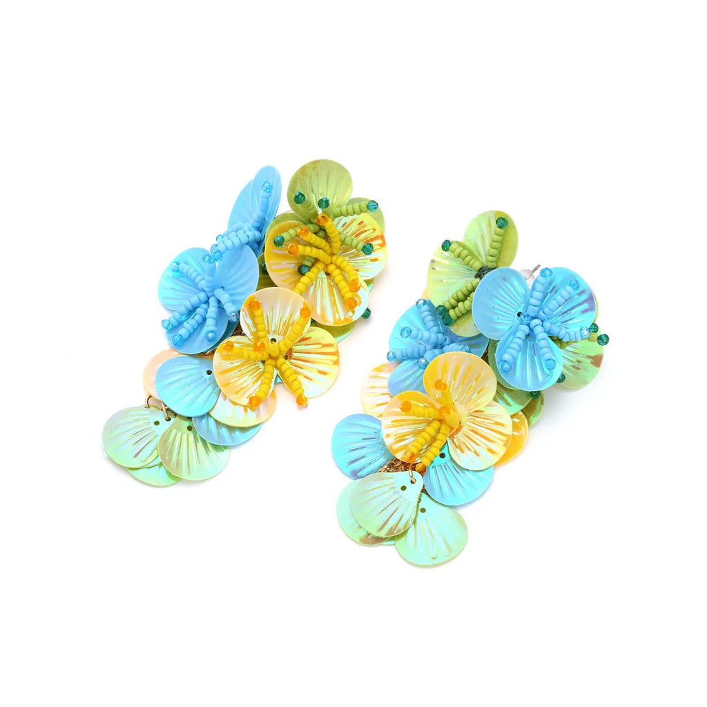 Handmade dopamine bead flower earrings in colourful rose purple designs
