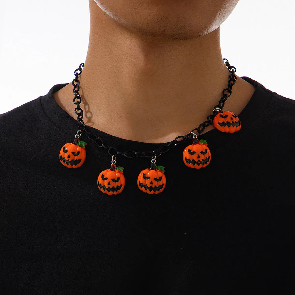 Mixed colour Halloween ghost pumpkin cartoon pendant necklace on a regular chain.