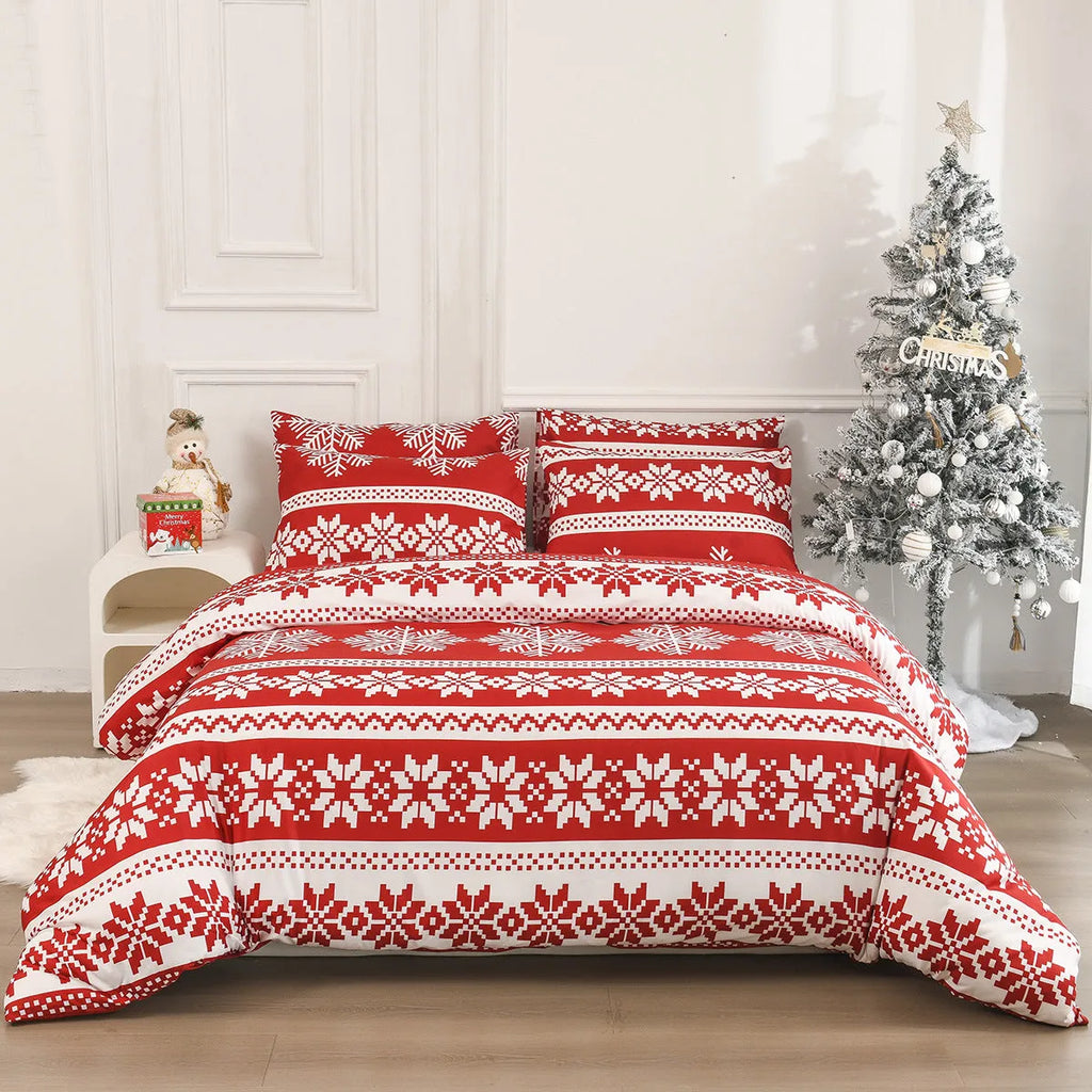 Red Winter Sleepers pattern bed three-piece set with quilt cover and pillowcases