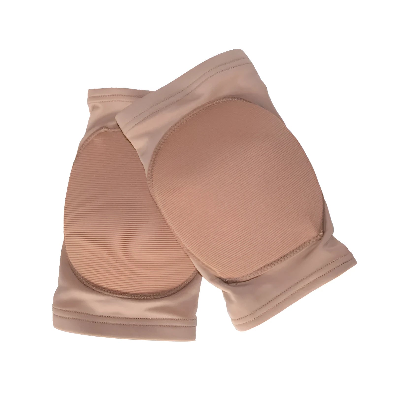 A pair of ballet dance knee pads in skin colour, shown with size chart for knee circumference.