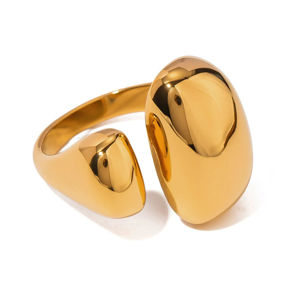 Exaggerated geometric open ring for women in stainless steel with a metallic finish.