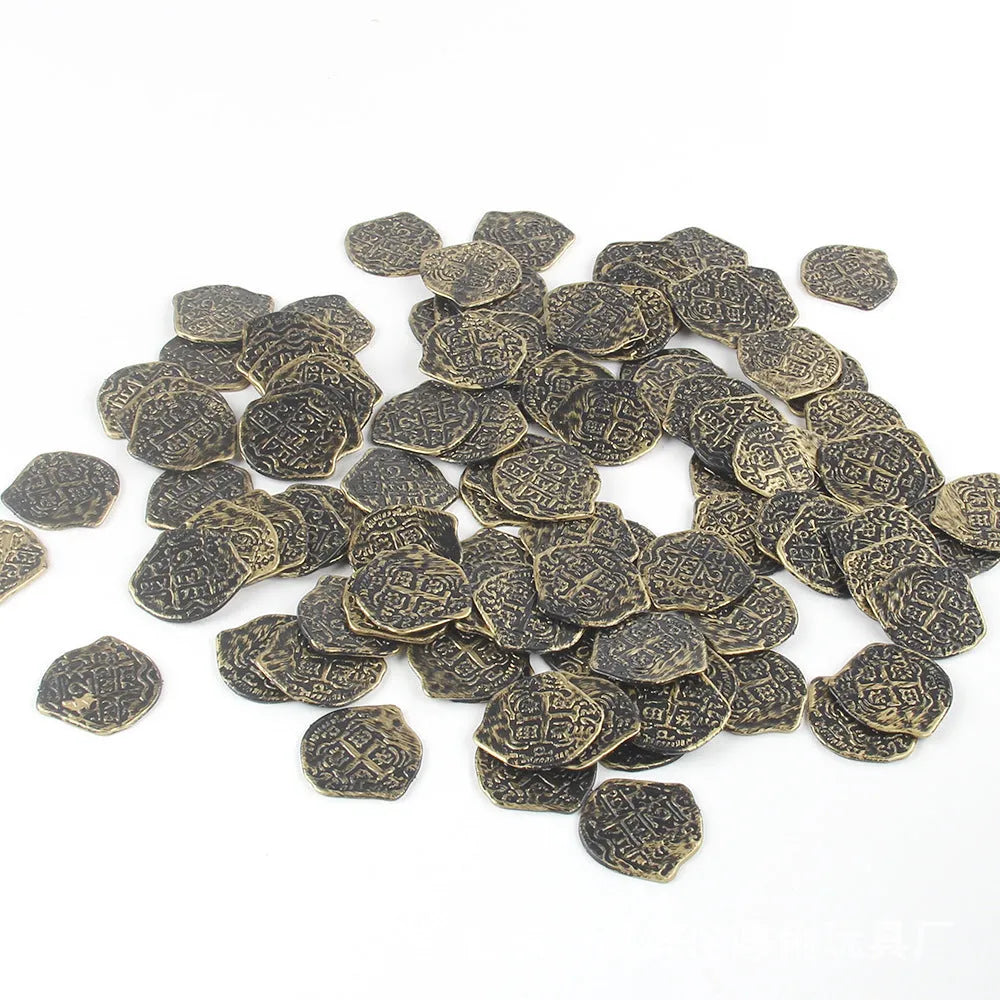 Set of 100 plastic replica Roman coins in antique gold, silver, or bronze electroplated finish for pirate treasure props